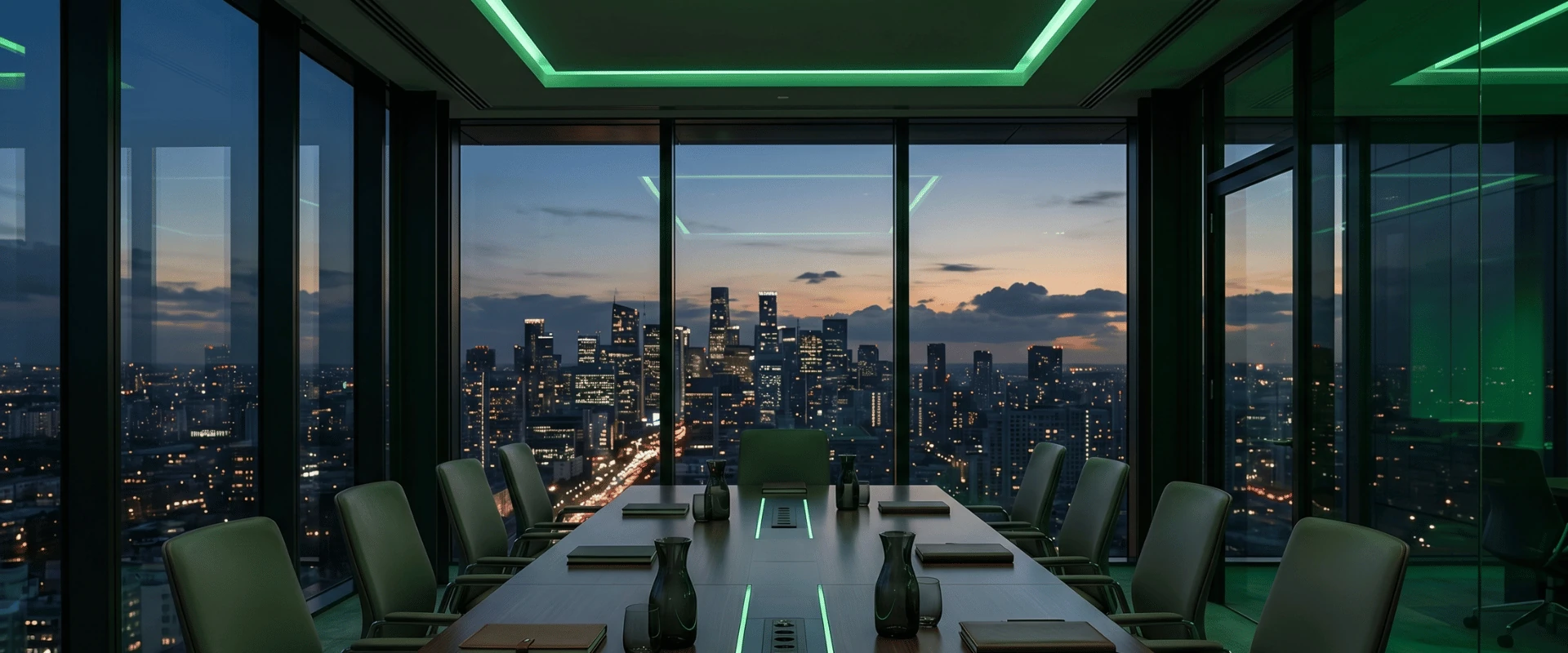 A sophisticated corporate boardroom with floor-to-ceiling windows overlooking a twilight cityscape, lit in moody low-key tones with subtle forest-green ambient light.